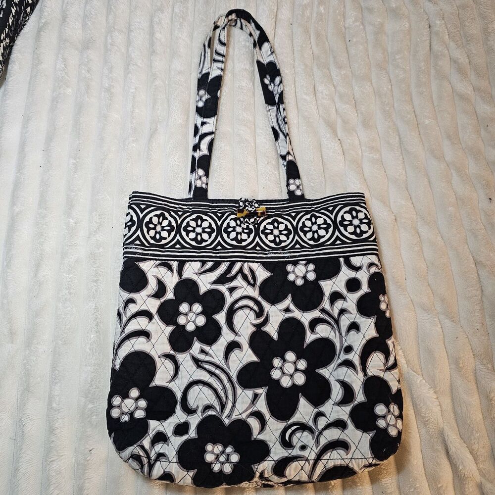 Vera Bradley Carried Away Tote Bag Black and White Night and Day Floral Purse